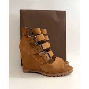 Linea Paolo Wisteria Buckle Wedge Tan Kid Suede Sandal, NEW! Size 8